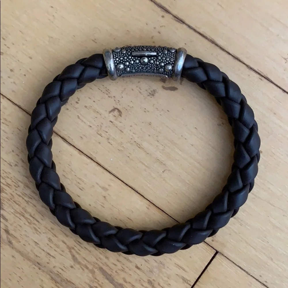 David Yurman Black Braided Leather Bracelet with Sterling Detail